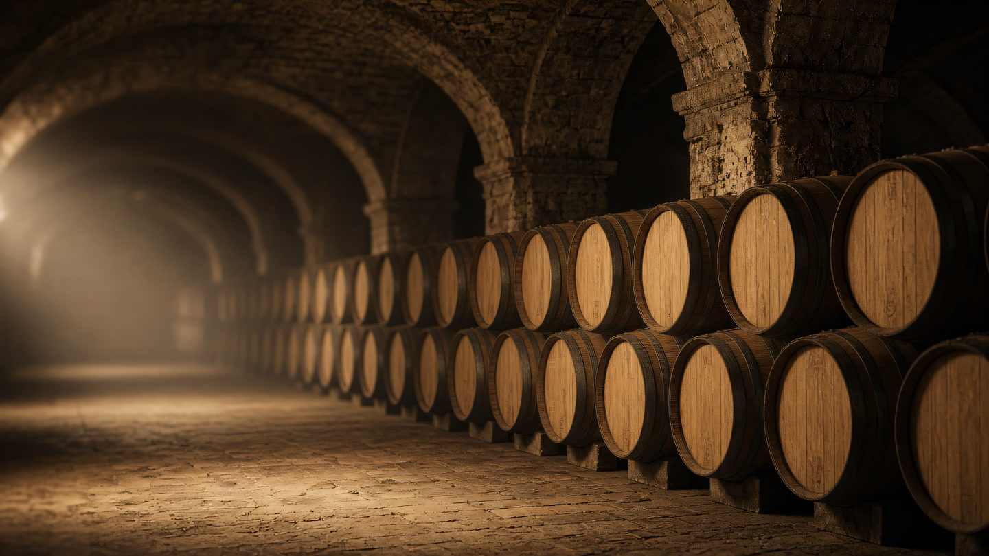 A vaulted cellar tunnel lined with oak barrels receding into shadow