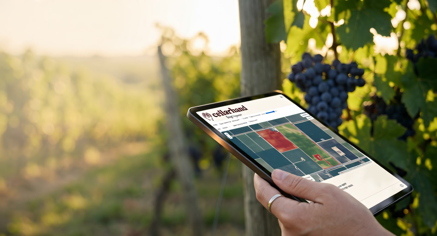 A hand holding a tablet showing the cellarhand block map beside the vines