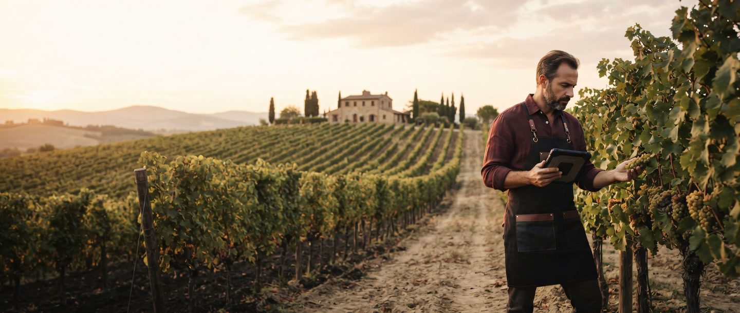 Vineyard rows at golden hour with a hillside estate beyond
