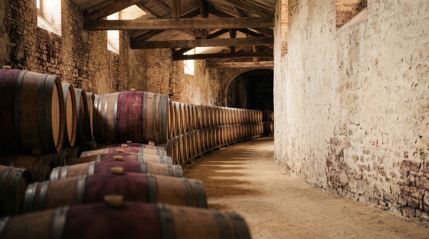 Barrels with burgundy heads under a brick arcade