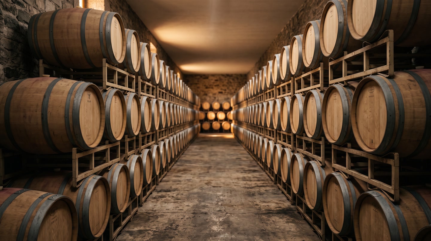 Oak barrels stacked on steel racks down a symmetrical cellar aisle
