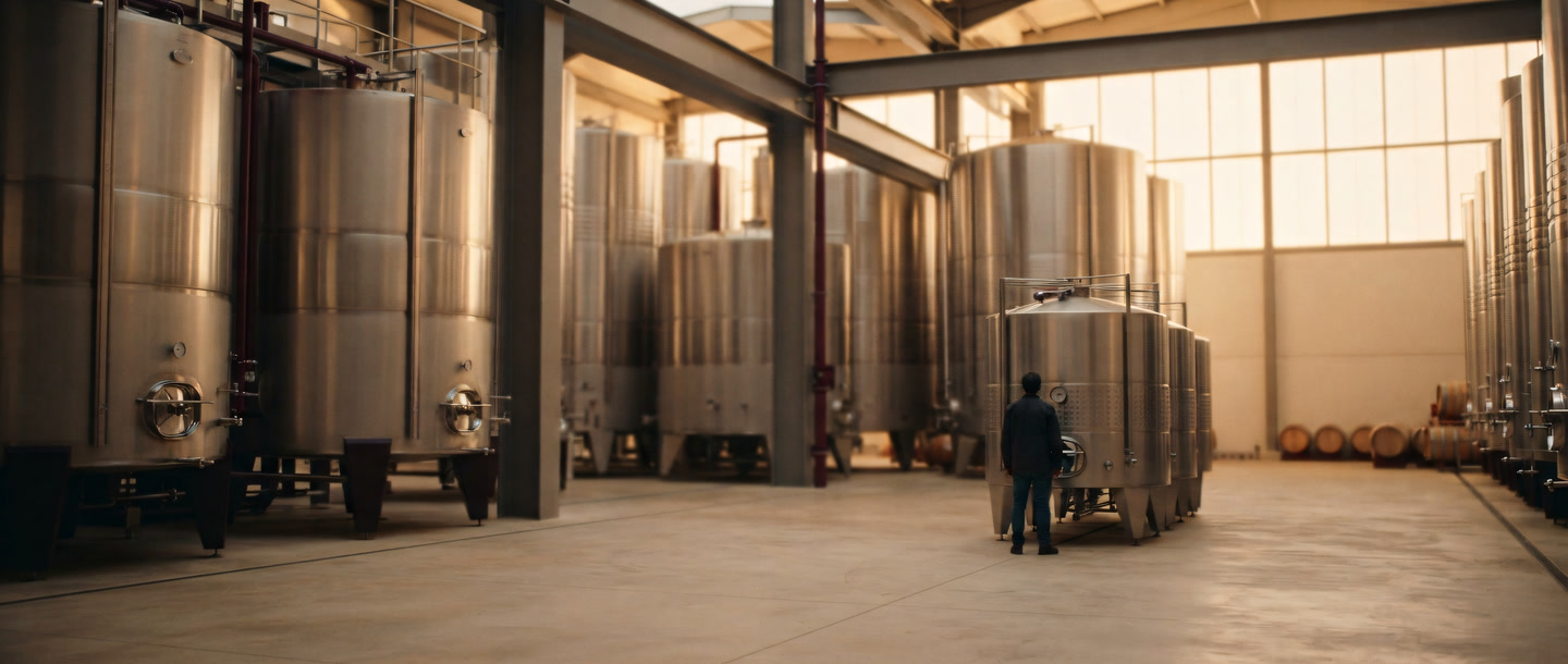 A hall of stainless steel fermentation tanks in warm backlight