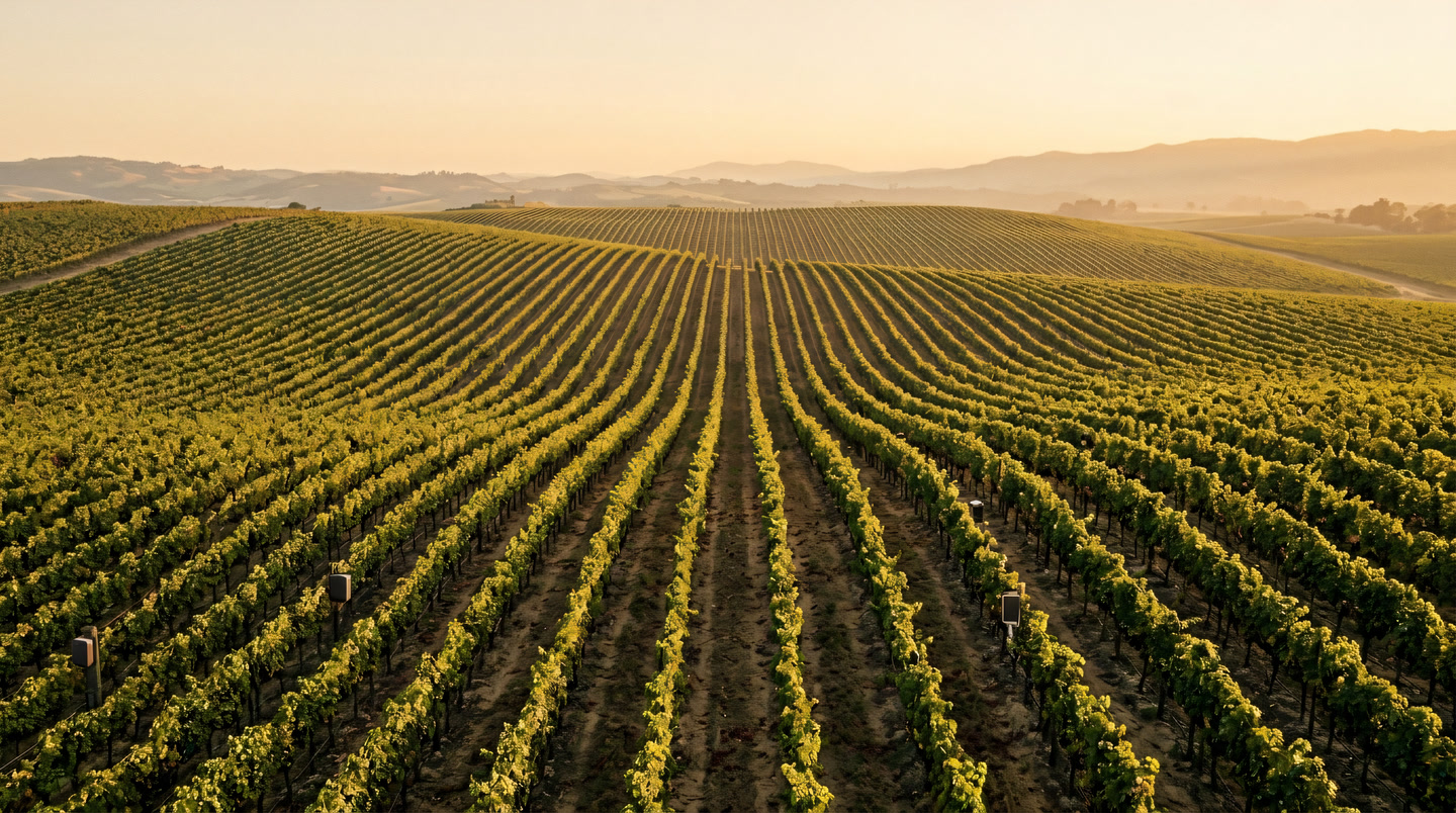 Vineyard rows converging toward the horizon from above