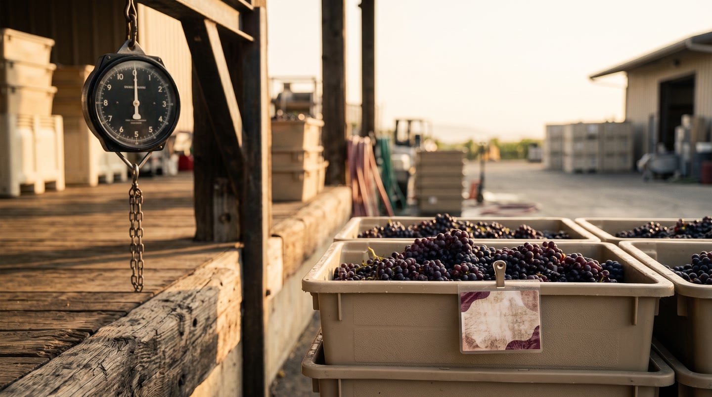 Harvest bins of dark fruit beside a hanging scale on the receiving dock