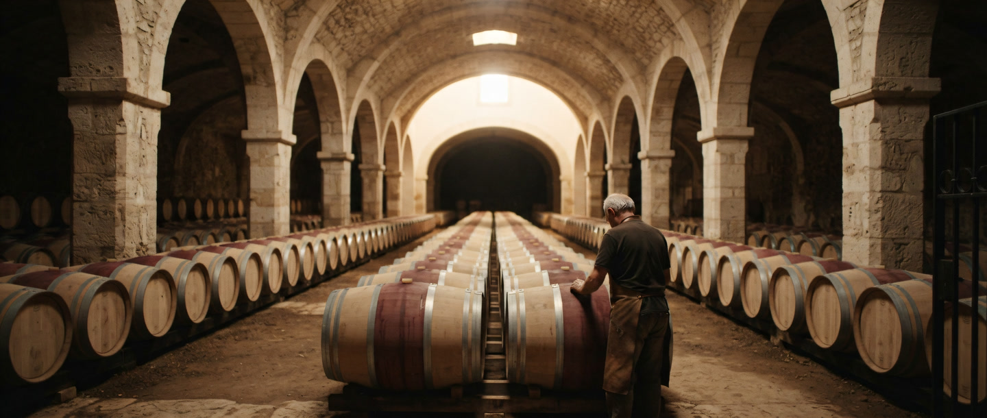 A cellar worker among barrels beneath stone vaulting